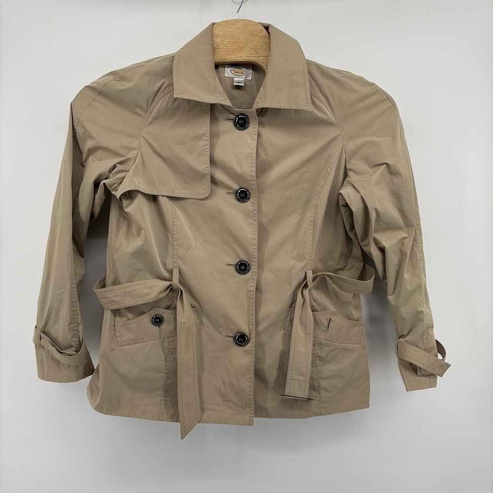 TALBOTS double breasted trench coat tan cotton jacket‎ belted lightweight Large - Picture 2 of 13